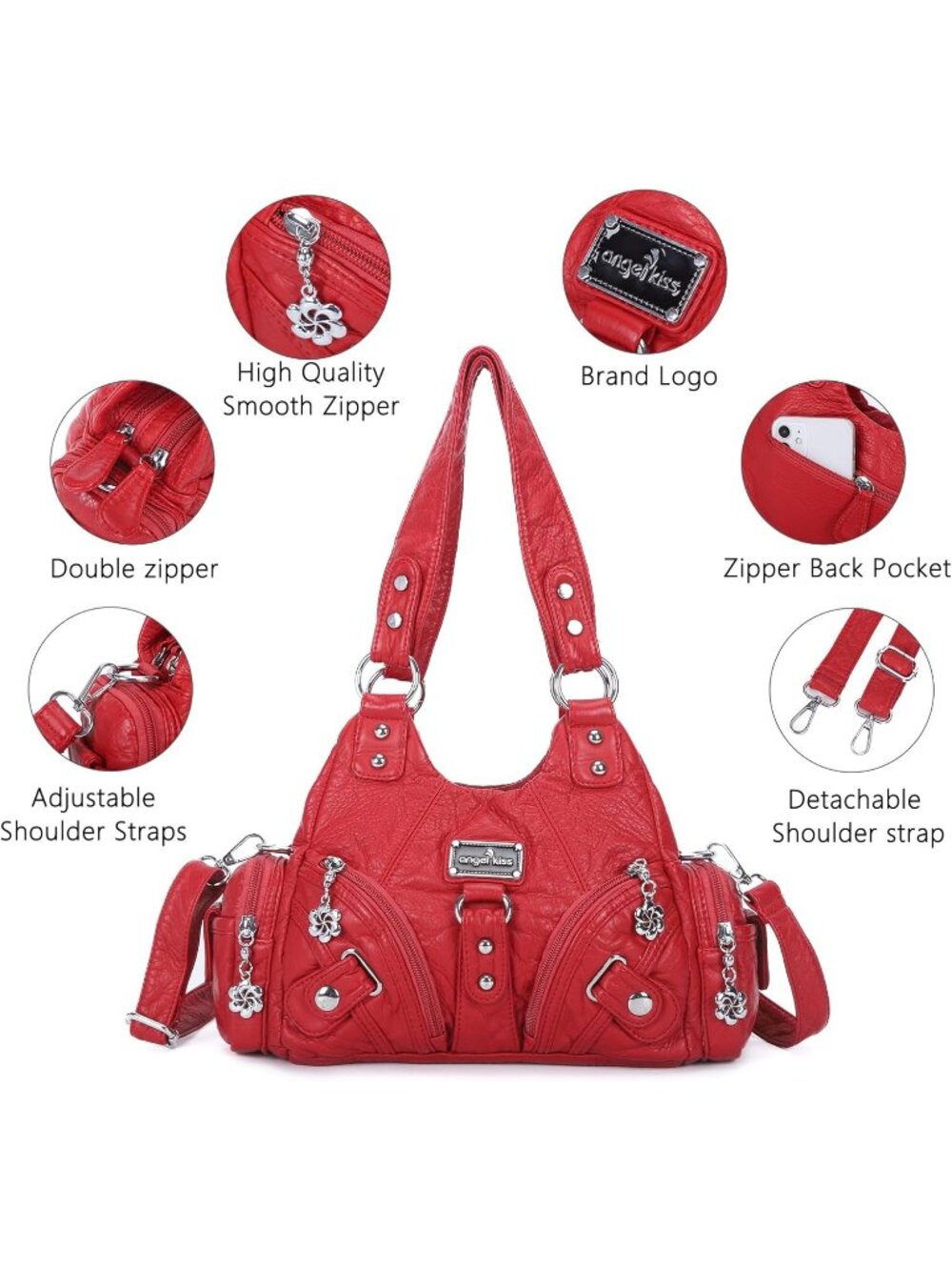 Women's Red PU leather Zipper Multi-Pocket Small Hobo Shoulder Bag - Picture 5 of 6